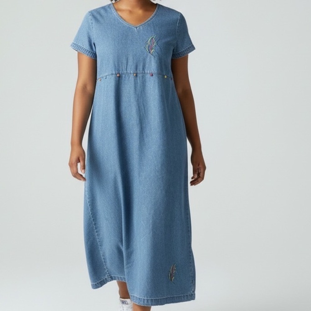 VTG Excitement 90s Denim Dress Fish‎ Embroidery Size M teacher vibes -spot